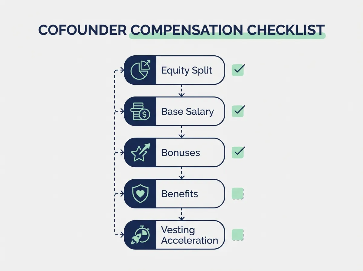 Infographic showing the five components of total cofounder compensation: equity, salary, bonuses, benefits, and vesting acceleration