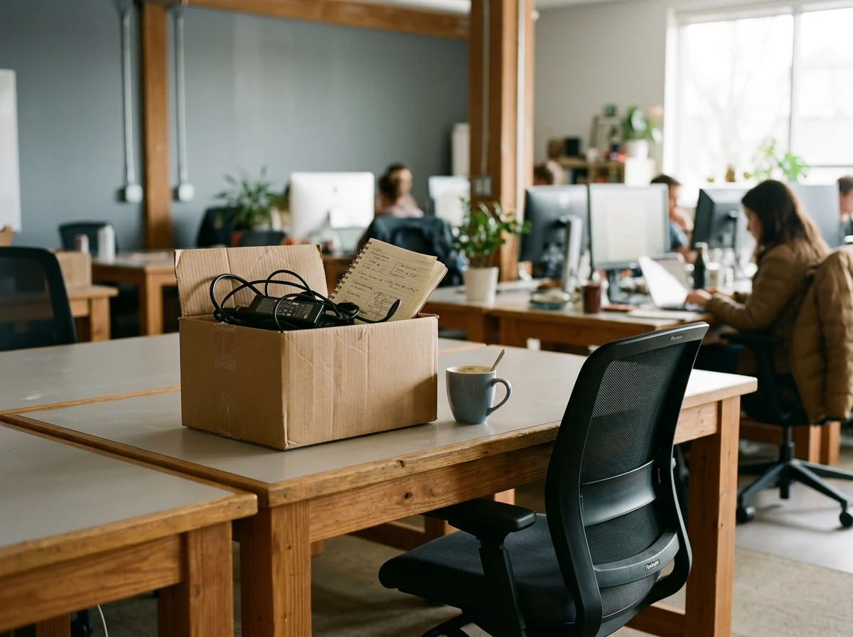A cleared desk with a packed cardboard box beside an empty chair in a startup office