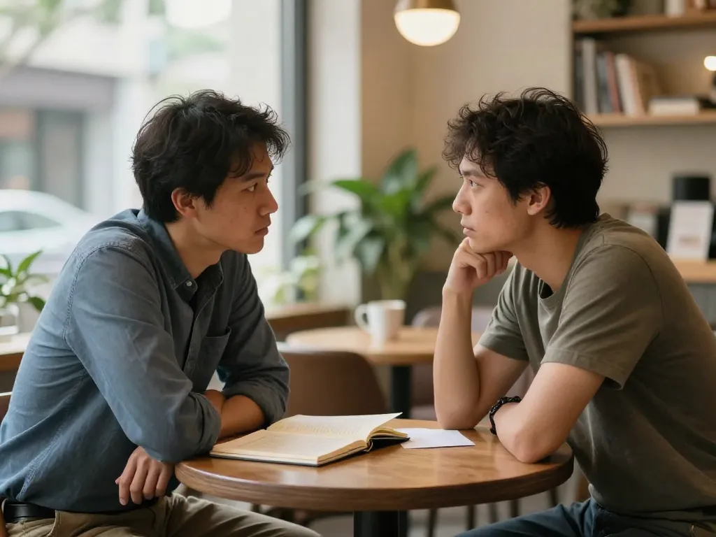 Two cofounders having an honest face-to-face conversation at a cafe table with a notebook open