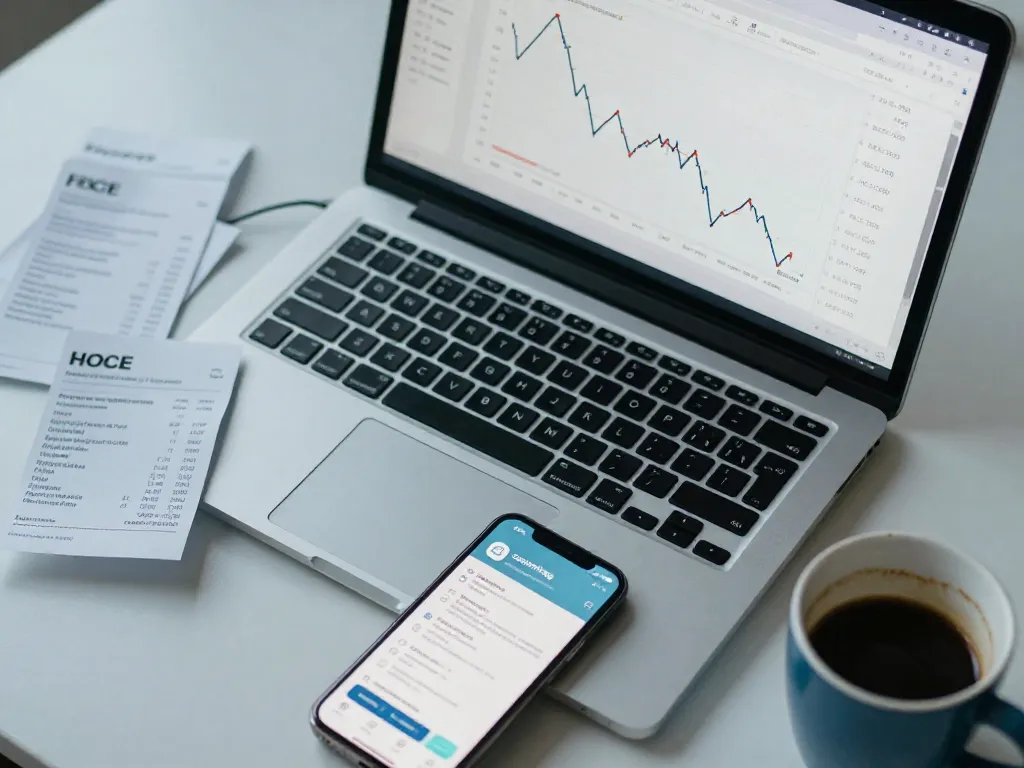 Overhead view of a startup workspace with receipts, a declining bank balance on screen, and financial documents suggesting overspending