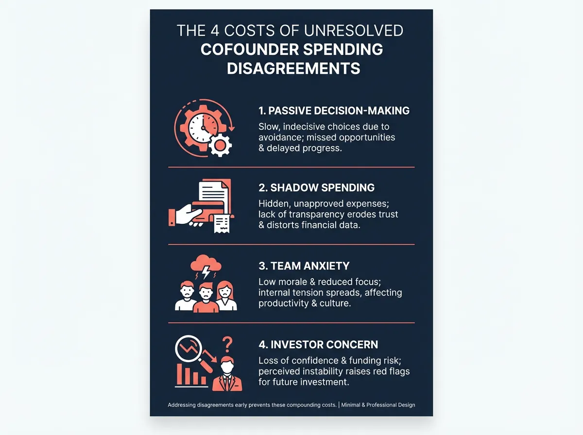 Infographic listing four consequences of unresolved cofounder spending deadlocks: passive decisions, shadow spending, team anxiety, and investor concern