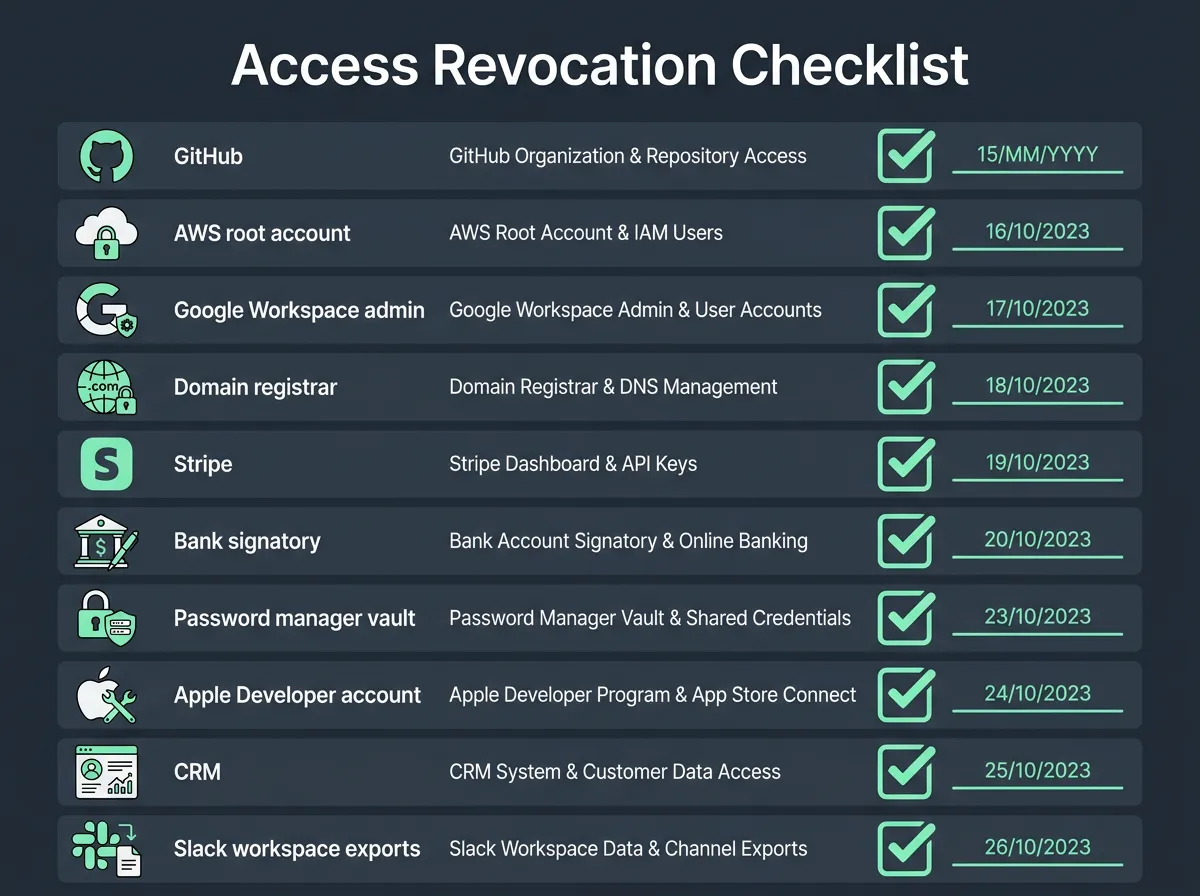 Checklist infographic of systems to revoke access to when a cofounder leaves, including code repositories, cloud accounts, domain registrar and banking