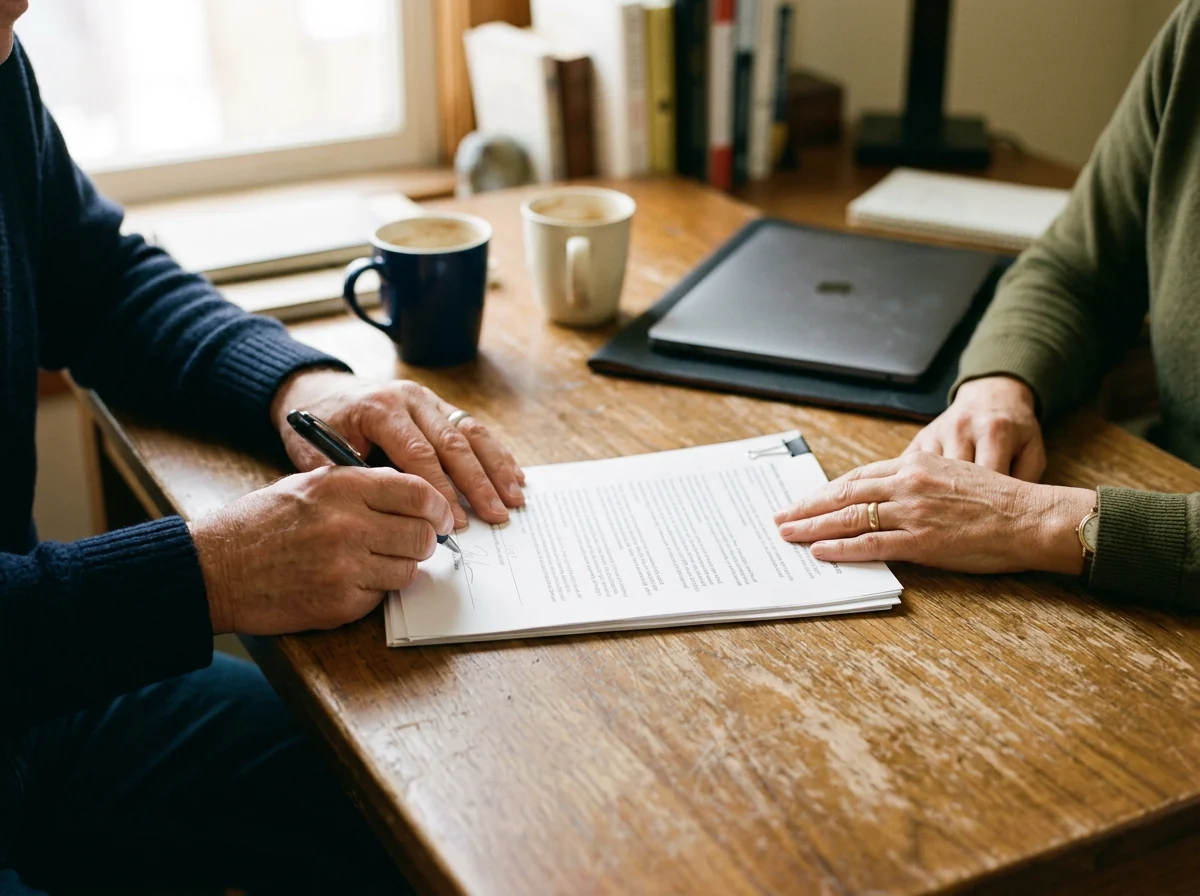 Two people at a desk, one holding a pen over a printed agreement ready to sign