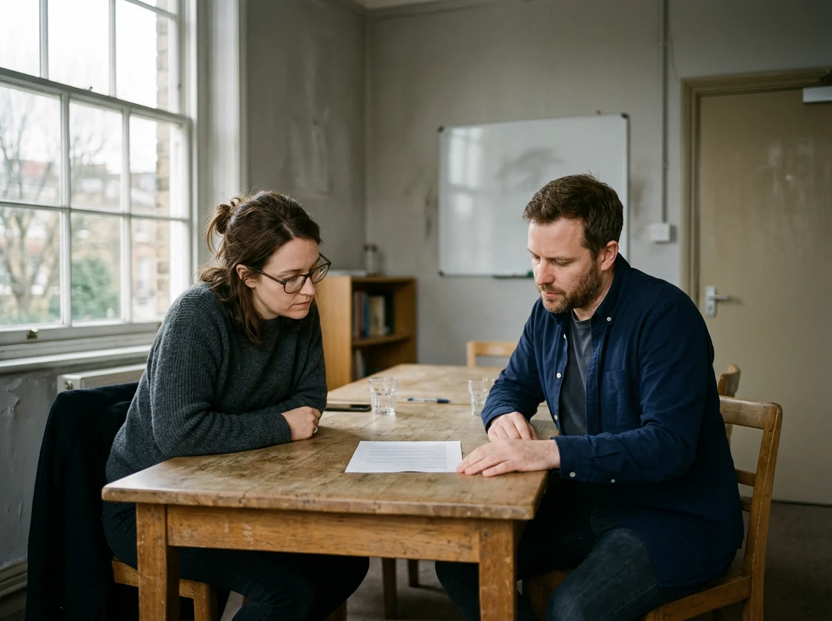 Two cofounders sitting across a table looking at a single printed page between them