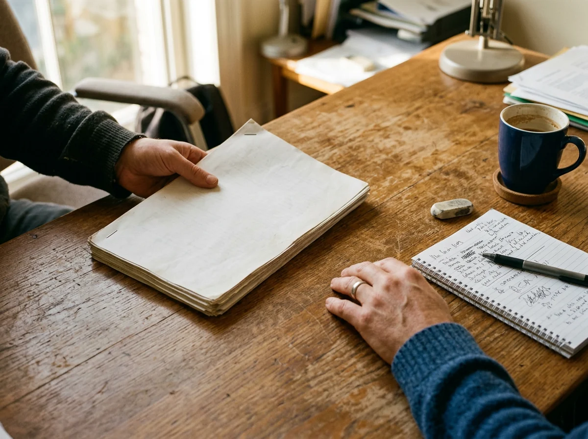 Hands passing a document across a desk during a cofounder separation conversation