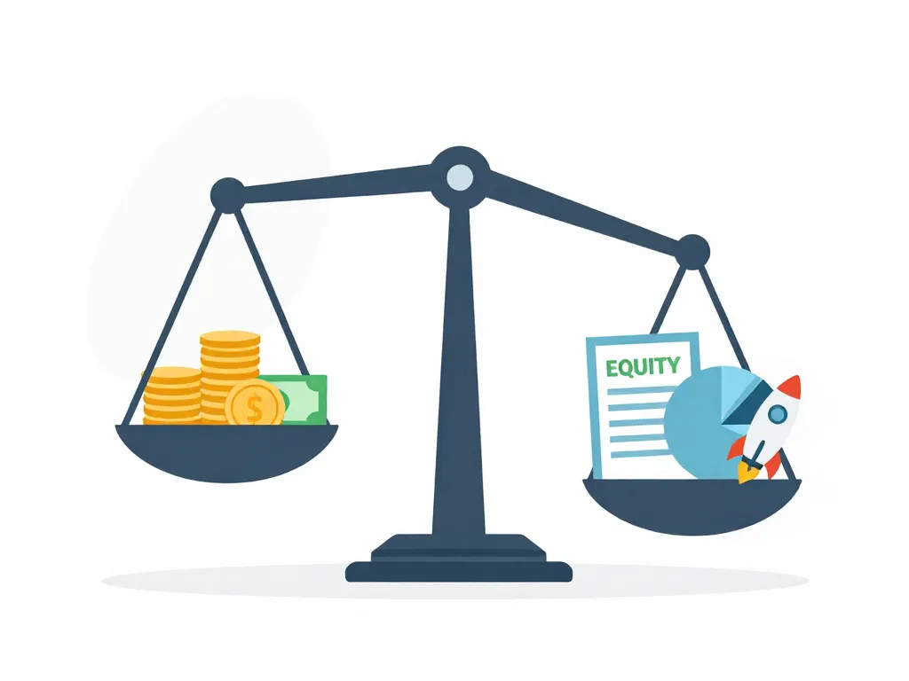 Illustration of a balance scale weighing cash salary against startup equity