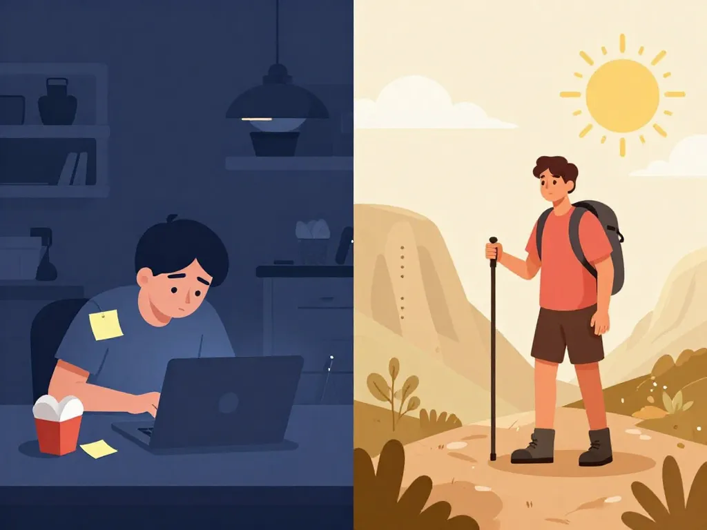 Split illustration showing one cofounder working late at night while the other enjoys outdoor activities on the weekend