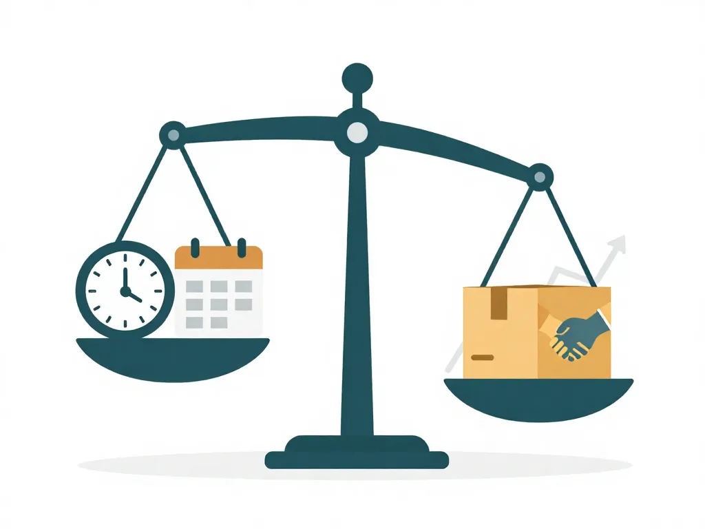Balance scale illustration comparing hours worked versus actual output delivered, with the output side weighing more