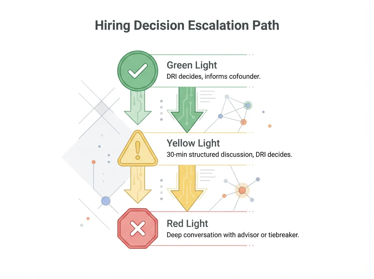 Flowchart showing a three-tier escalation path for cofounder hiring disagreements from green light to red light