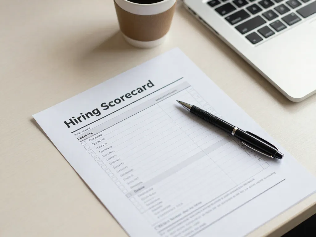 A printed hiring scorecard document with weighted criteria on a clean modern desk workspace
