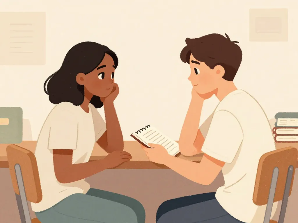 Illustration of two college roommates having a calm face-to-face conversation about boundaries in their dorm room