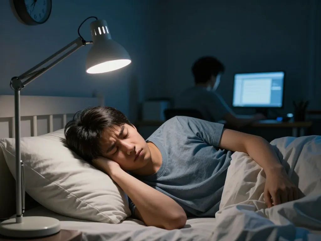 A frustrated college student covering their ears with a pillow at 2 AM while their roommate stays up late at their desk