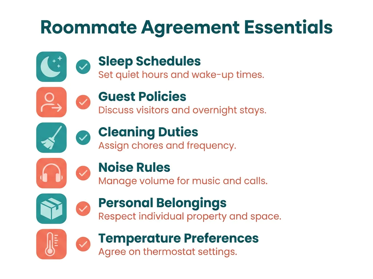 Infographic checklist showing six essential topics to cover in a college roommate agreement: sleep, guests, cleaning, noise, belongings, and temperature