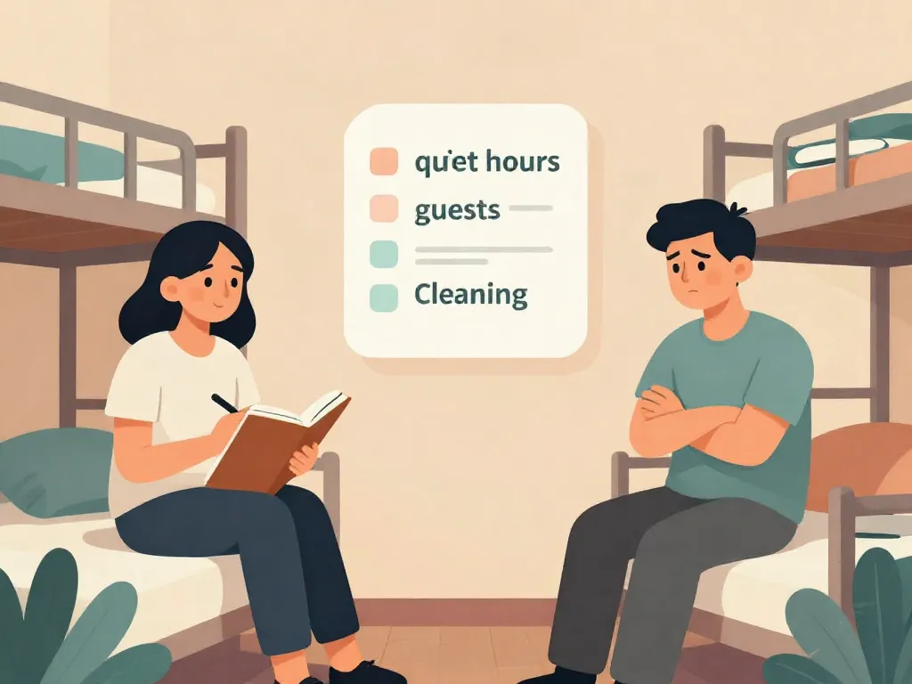 Illustration of two college roommates having a ground rules conversation with a checklist floating between them