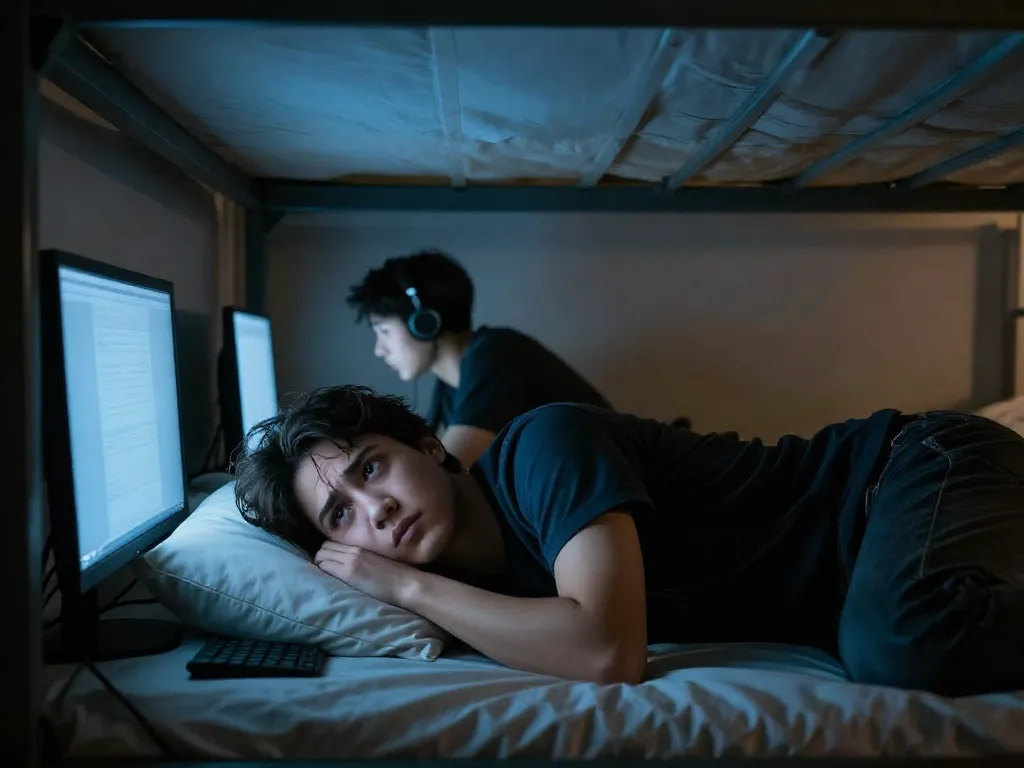 A frustrated college student lying awake in bed at night while their roommate works on a brightly lit computer across the dark dorm room