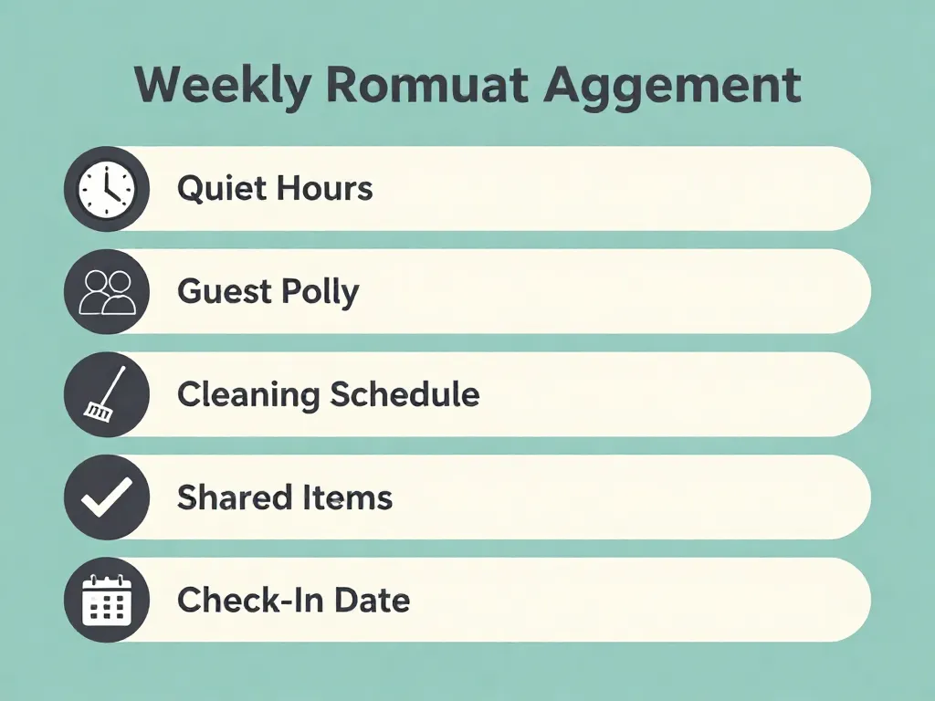 A visual roommate agreement template showing sections for quiet hours, guest policy, cleaning schedule, shared items, and check-in dates
