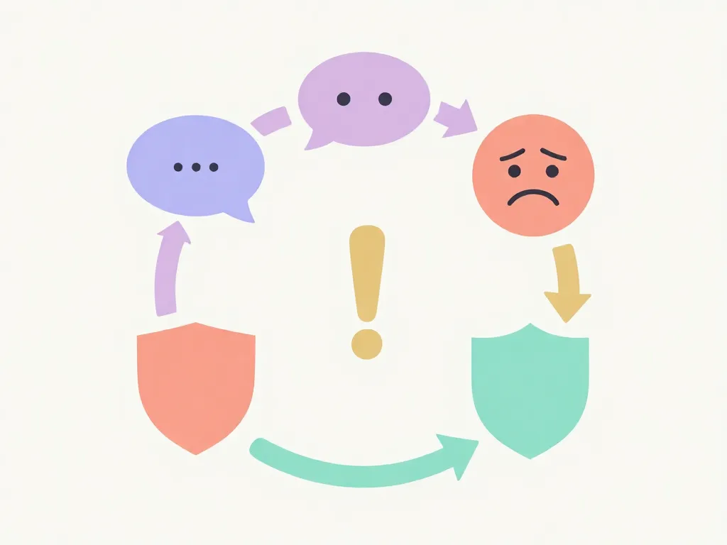 Illustration showing the cycle of roommate conflict: unspoken expectations, resentment, blowup, defensiveness, and repetition