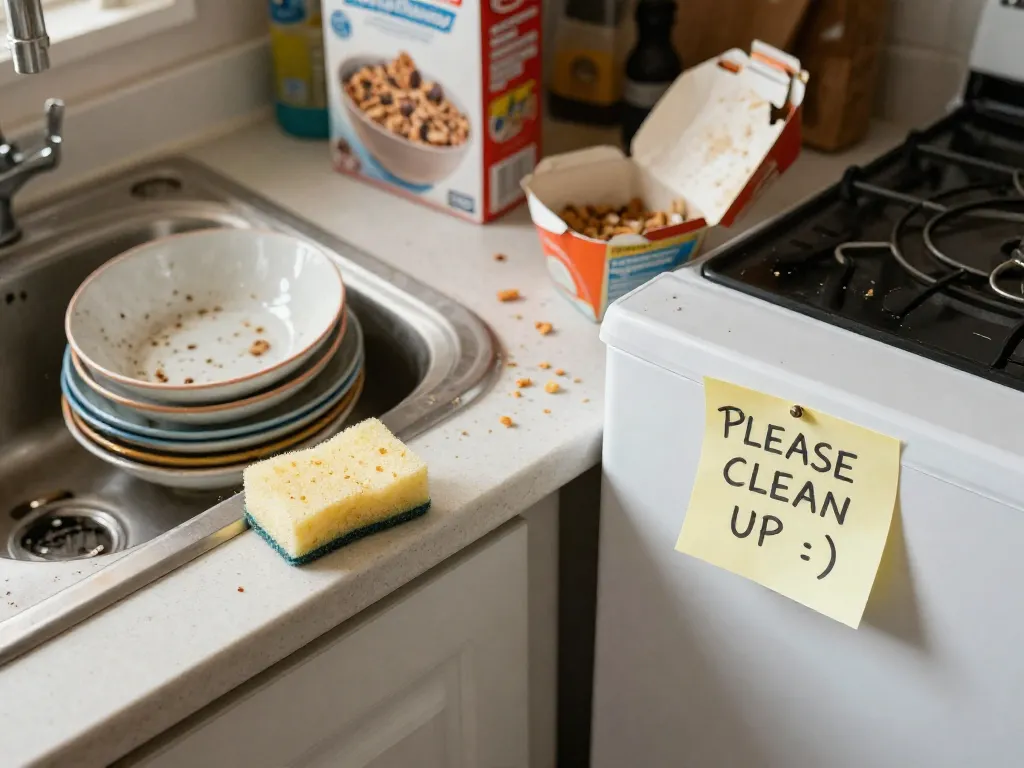 Messy shared kitchen with dirty dishes in the sink and a passive-aggressive sticky note on the fridge — a common source of roommate fights over cleaning