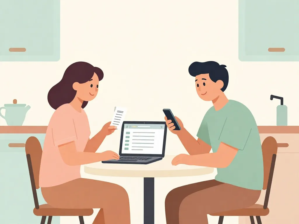 Illustration of two roommates splitting shared expenses together at a kitchen table using a laptop and payment app