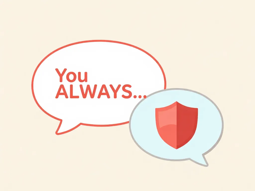 Illustration of two speech bubbles showing how absolute language like 'you always' triggers defensiveness in conversations