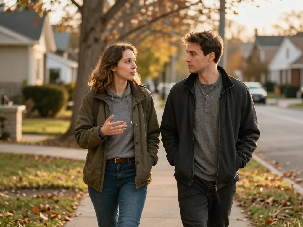 A couple having a calm, engaged conversation during a walk together, demonstrating healthy communication timing