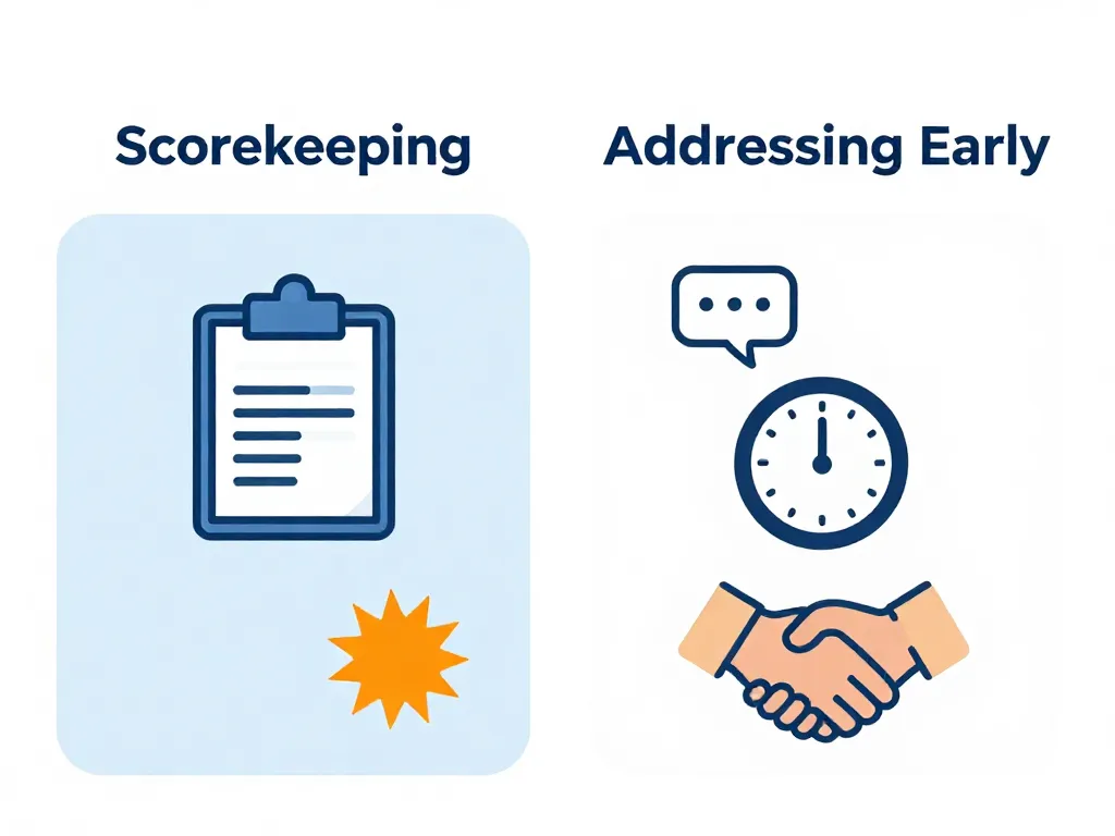 Illustration comparing scorekeeping behavior versus addressing issues early in a relationship, showing the healthier path forward