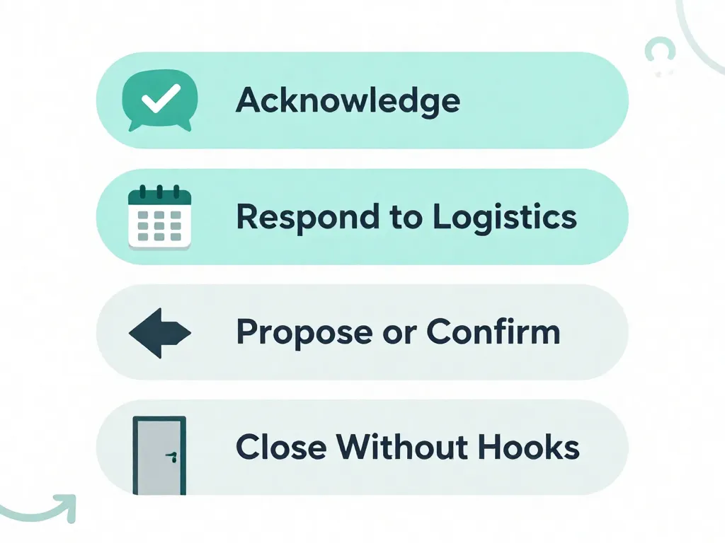 Illustrated four-step framework for co-parenting messages: Acknowledge, Respond to Logistics, Propose or Confirm, Close Without Hooks