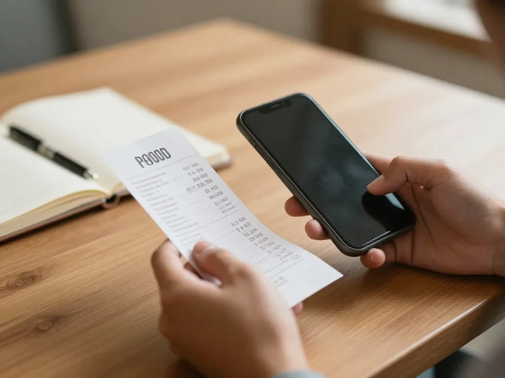 Hands holding a receipt and smartphone at a desk, illustrating careful documentation of a co-parenting expense before messaging