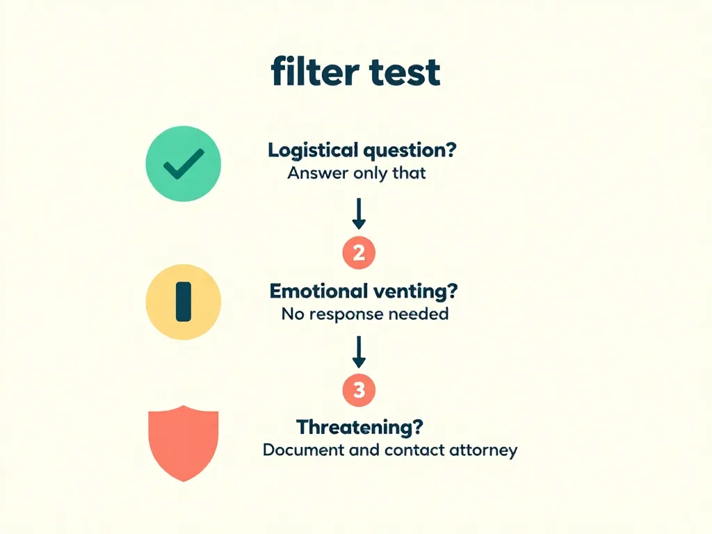 Decision tree illustration showing three paths for responding to co-parenting messages: answer logistics, skip emotional venting, or document threats