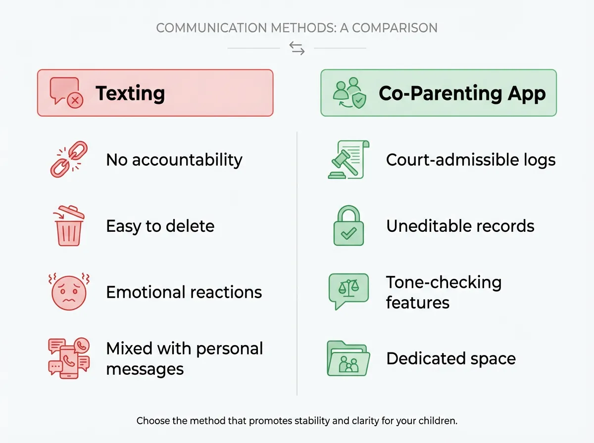 Comparison infographic showing the differences between texting and using a dedicated co-parenting app for communication