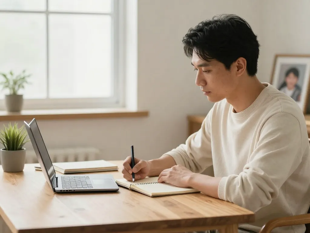 Parent calmly drafting a structured co-parenting message at a home desk with a laptop and notebook
