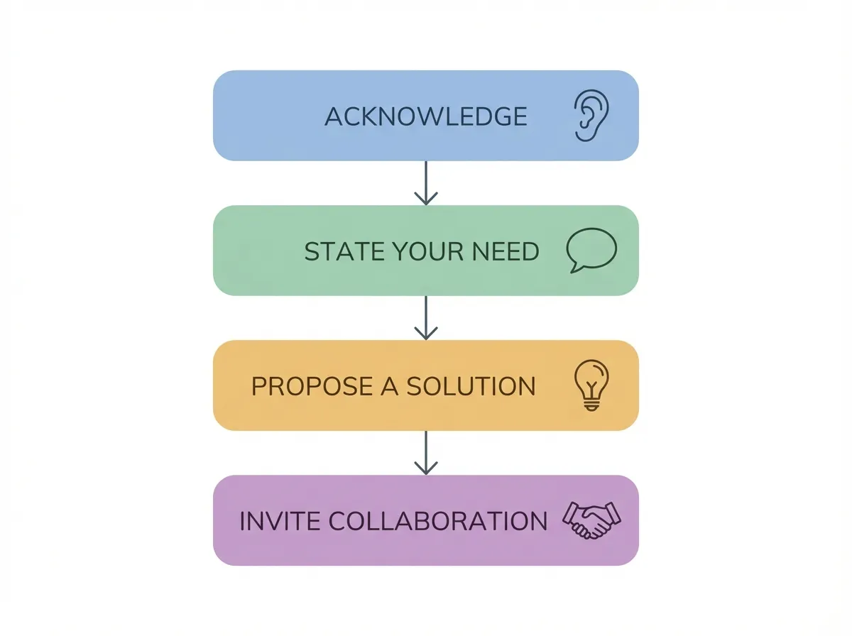 A four-step conflict resolution framework diagram showing Acknowledge, State Your Need, Propose a Solution, and Invite Collaboration