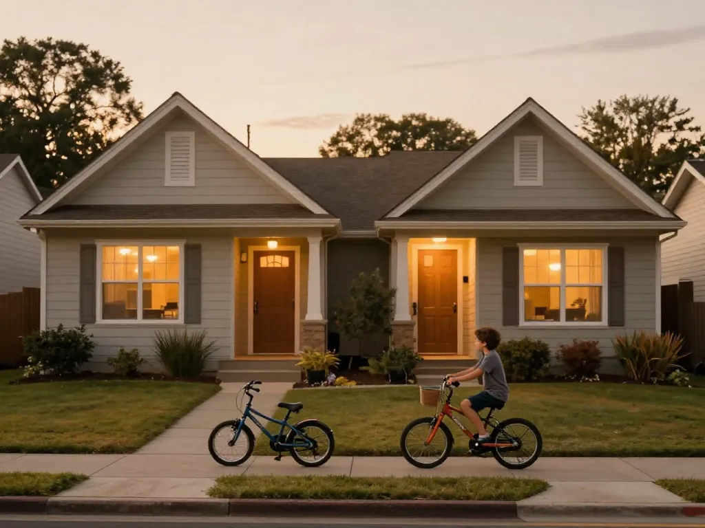 Two neighboring homes with warm interior lighting representing two co-parenting households connected by their children