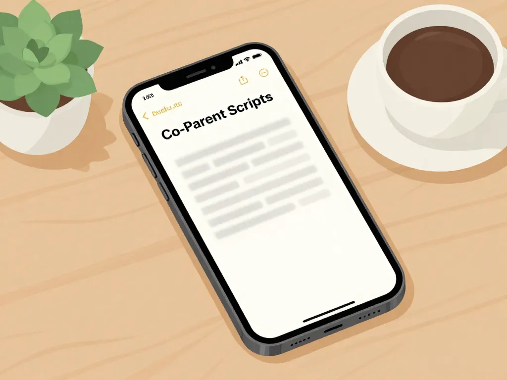 Illustration of a smartphone displaying a co-parent scripts note saved for easy reference during tense conversations