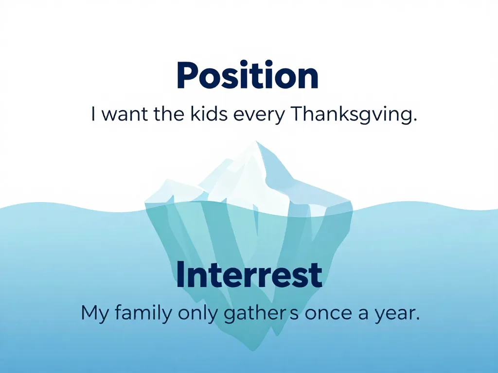 Iceberg diagram showing the difference between positions visible above the surface and deeper interests hidden below