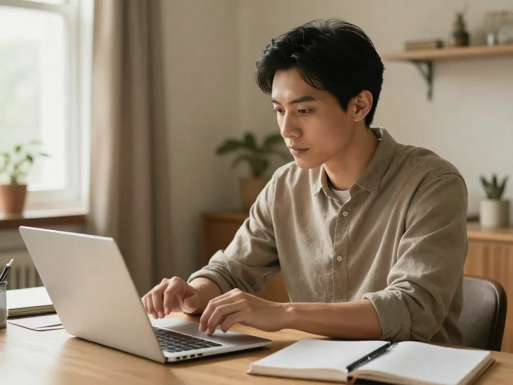 A parent calmly reviewing a message on a laptop at a home desk, practicing thoughtful co-parenting communication