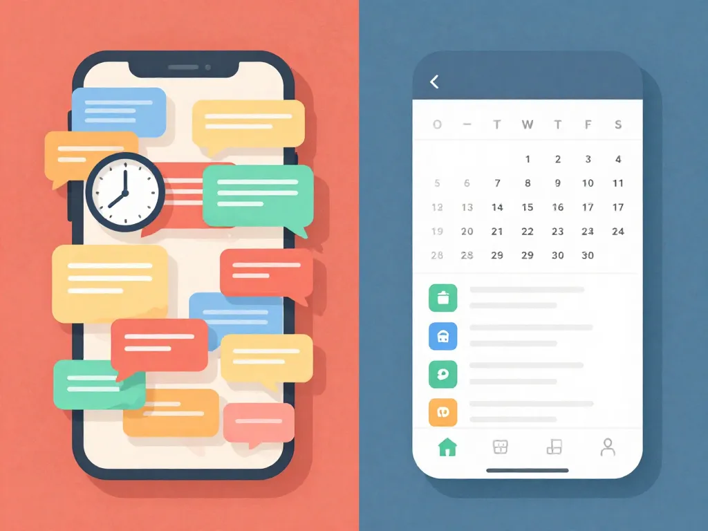 Split illustration comparing chaotic text messages on the left with an organized coparenting app interface on the right