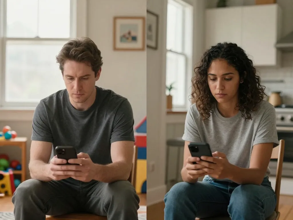 Two coparents in separate homes each looking at their phones, shown in a split-frame composition