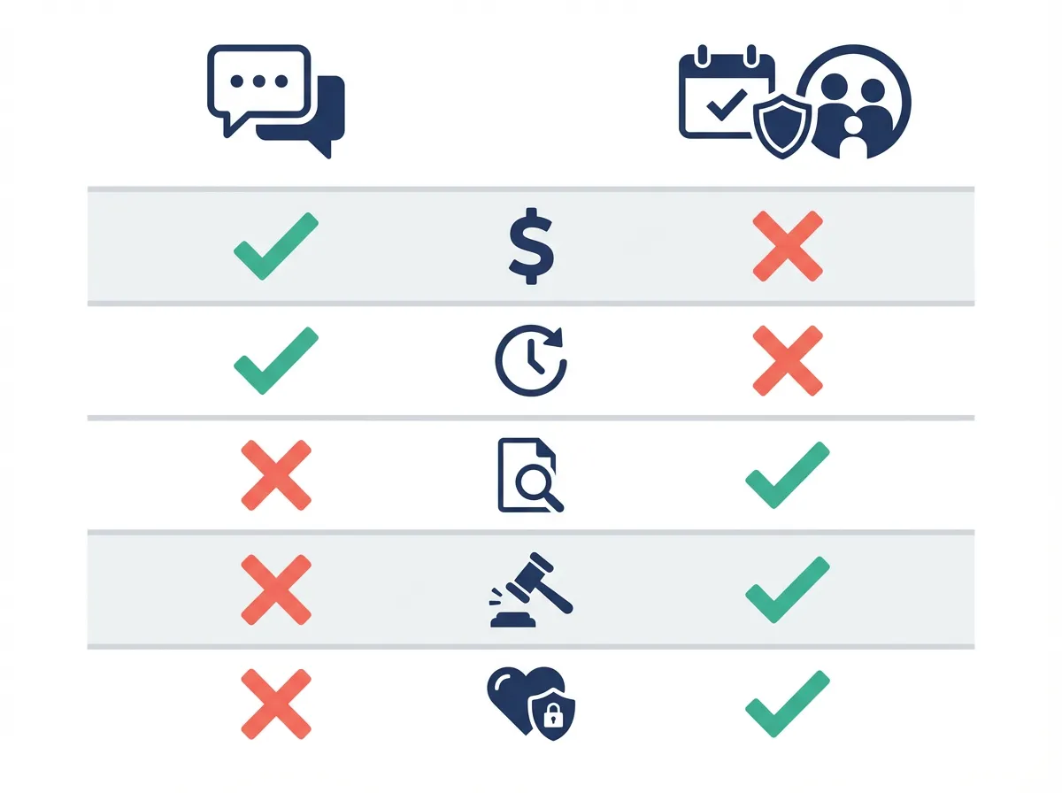 Visual comparison chart using icons to show the differences between texting and coparenting apps across key factors
