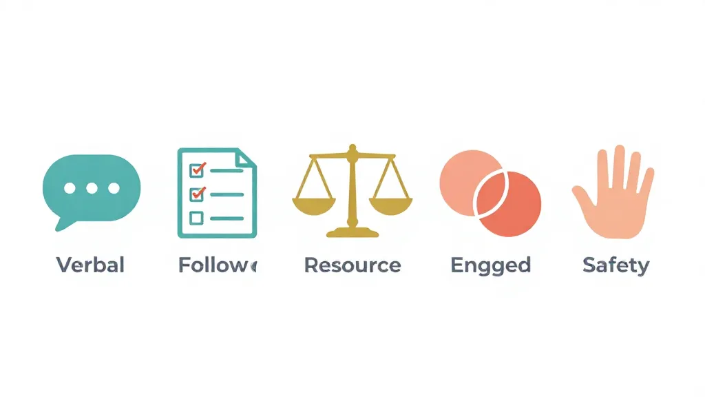 Five icons representing the coparenting cooperation languages: verbal acknowledgment, logistical follow-through, resource equity, engaged coordination, and emotional safety