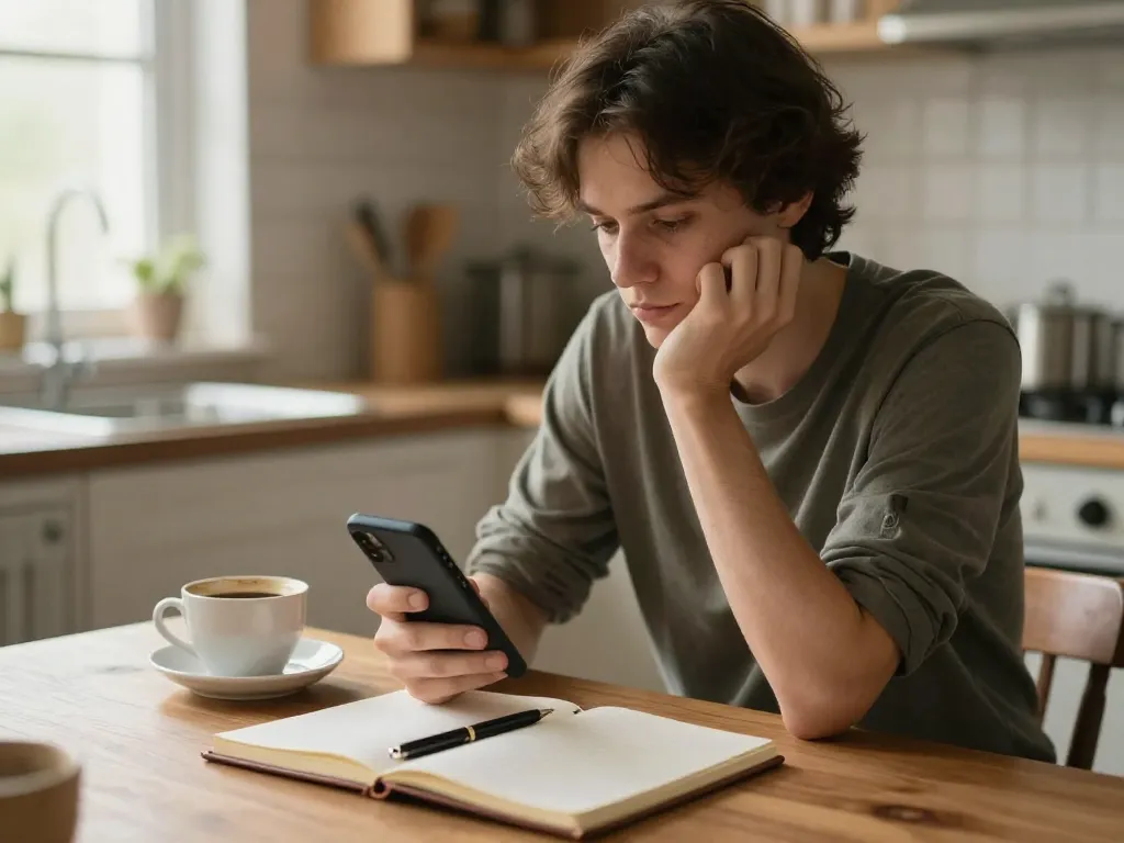 A parent sitting thoughtfully at a kitchen table with a phone and notebook, planning their coparenting communication approach