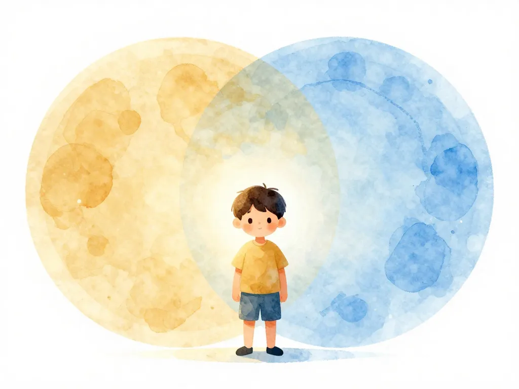 Watercolor illustration of a calm child standing between two overlapping circles of warm and cool light, representing two coparenting perspectives