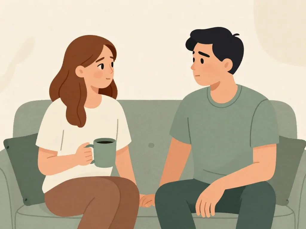 Illustration of a couple having an honest, caring conversation on their couch
