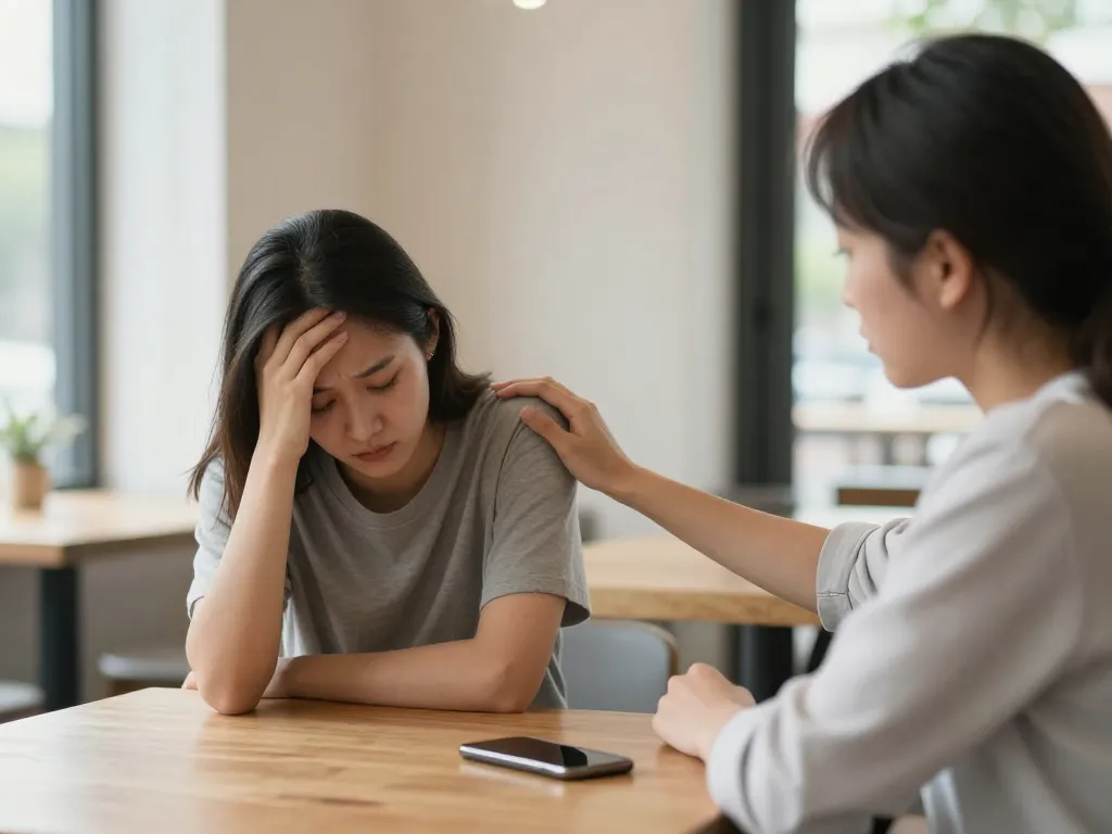 One friend listening supportively to another at a cafe after a difficult breakup conversation