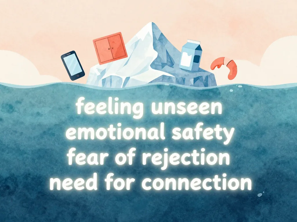 Iceberg illustration showing small argument triggers above water and deeper emotional needs below the surface