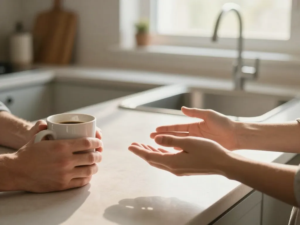 Two partners' hands reaching toward each other across a kitchen counter in a moment of reconnection