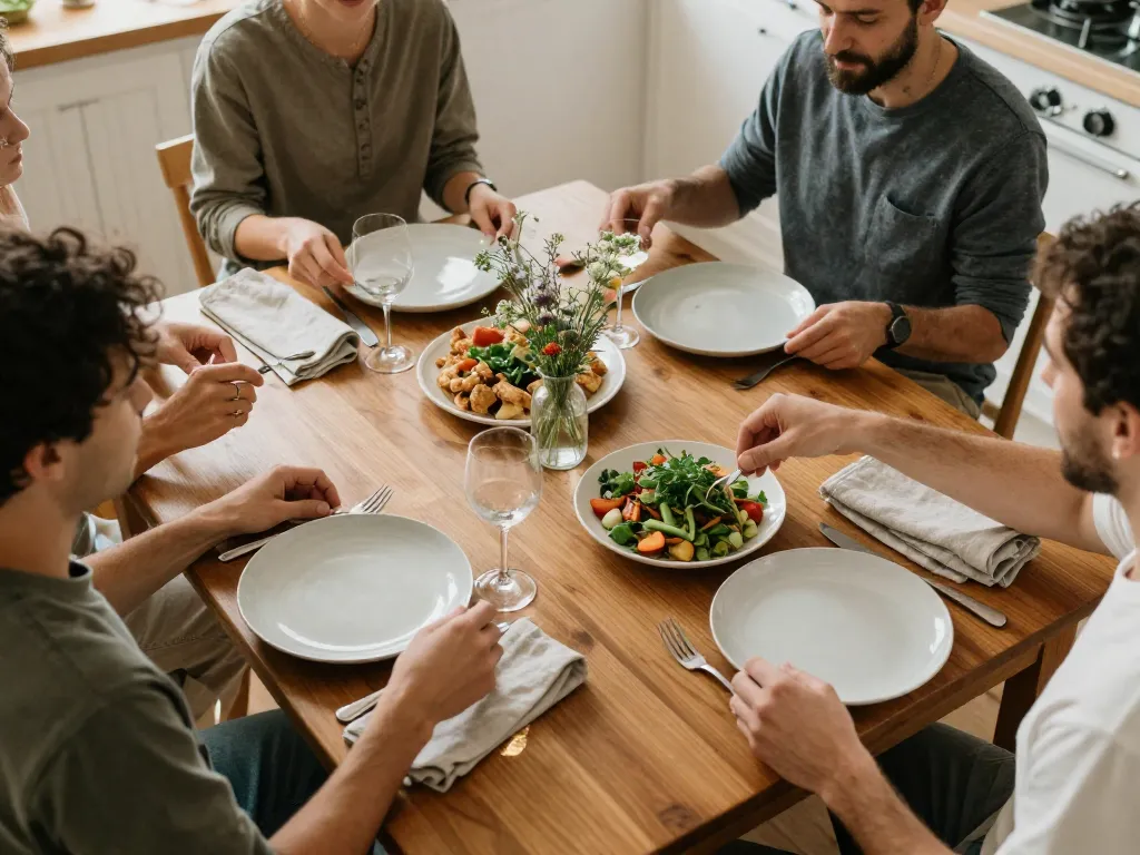 Overhead view of a casual and intimate dinner table set for four with homemade food and warm lighting