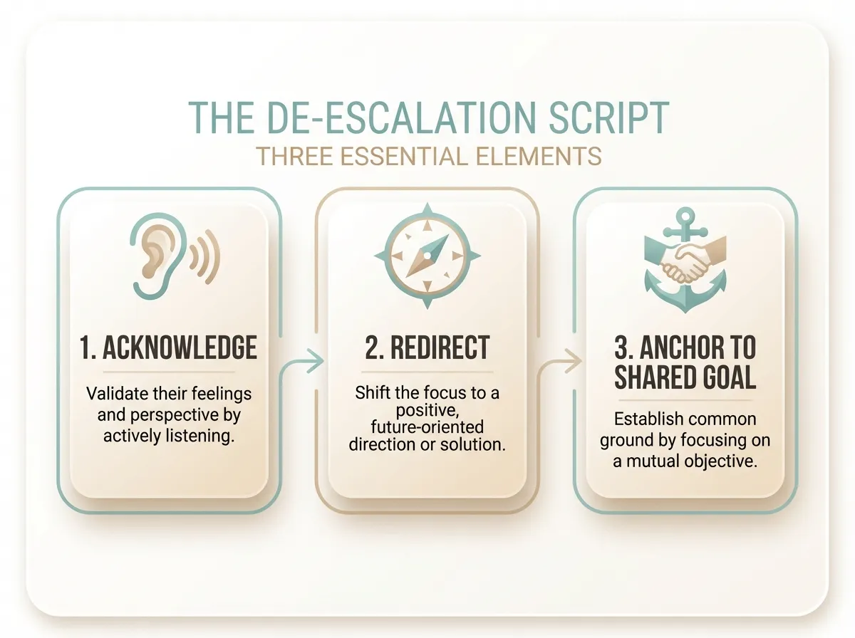 Infographic showing the three structural elements of a de-escalation script: Acknowledge, Redirect, and Anchor to Shared Goal