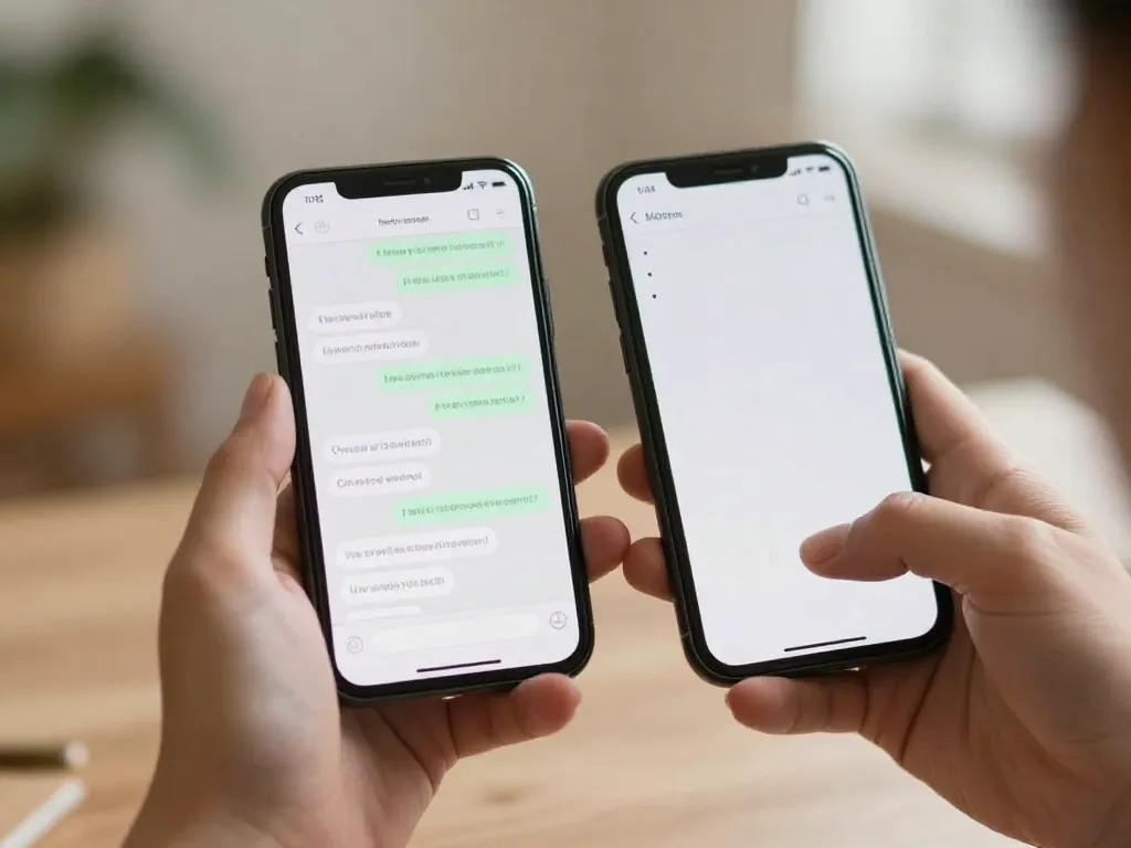 Two smartphones showing a calm text exchange and a notes app with de-escalation scripts, representing written co-parent communication
