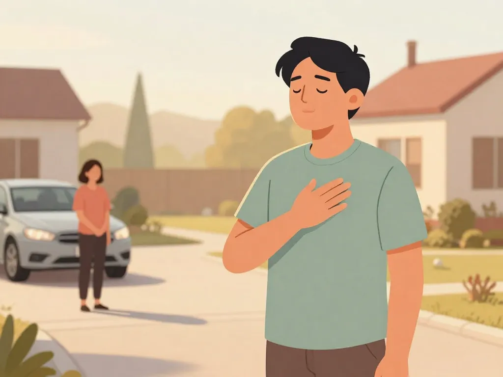 Illustration of a co-parent taking a 60-second strategic pause during a driveway exchange